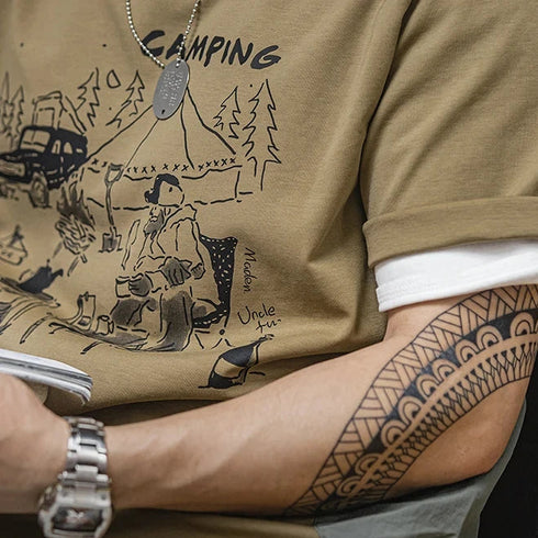 Outdoor Camp Print T-Shirt – Men’s Summer Tee with Waterproof Pocket